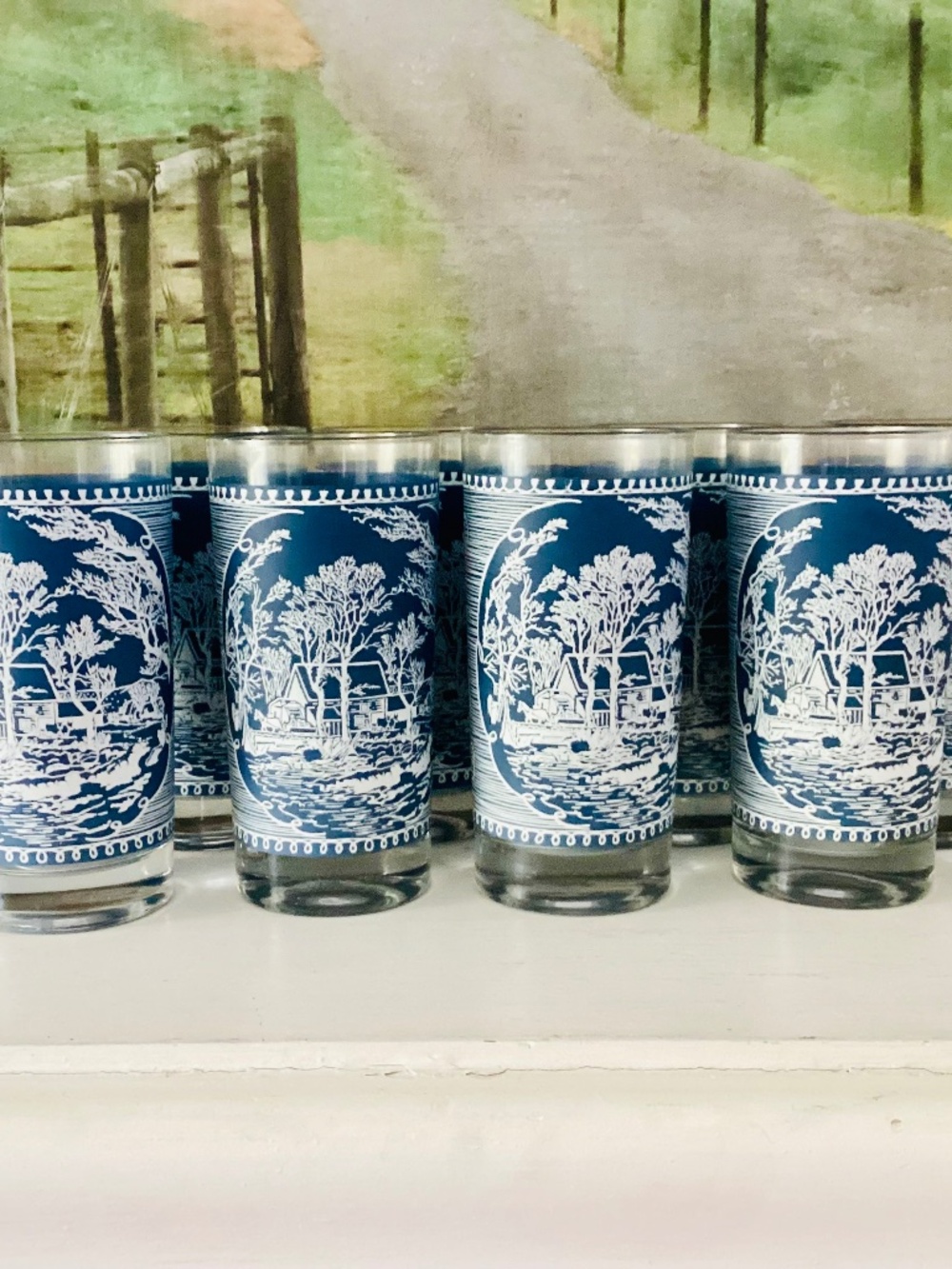 Vtg Royal USA Currier & Ives Blue Old Grist Mill 12oz Tumblers Set of 8 Glasses.